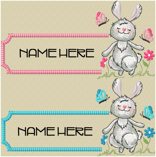 Bunny name plate in pink and blue for personalised baby quilt