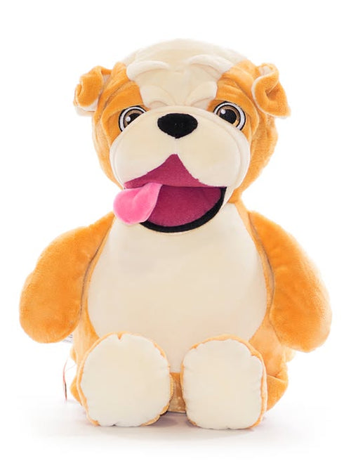 Bulldog plush toy with cheeky expression