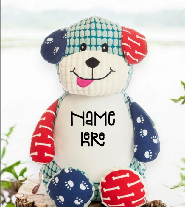 Harlequin Dog Bear personalised soft toy for babies